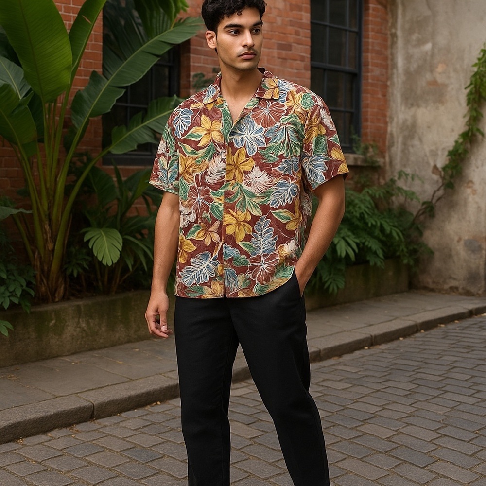 Pierre Cardin Red 100% Cotton Hawaiian Beach Vacation Button Up Shirt Size M